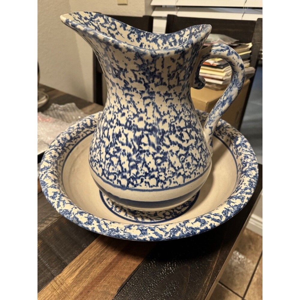 Large Vintage Blue Spongeware Wash Pitcher & Basin Bowl Set Stoneware Pottery